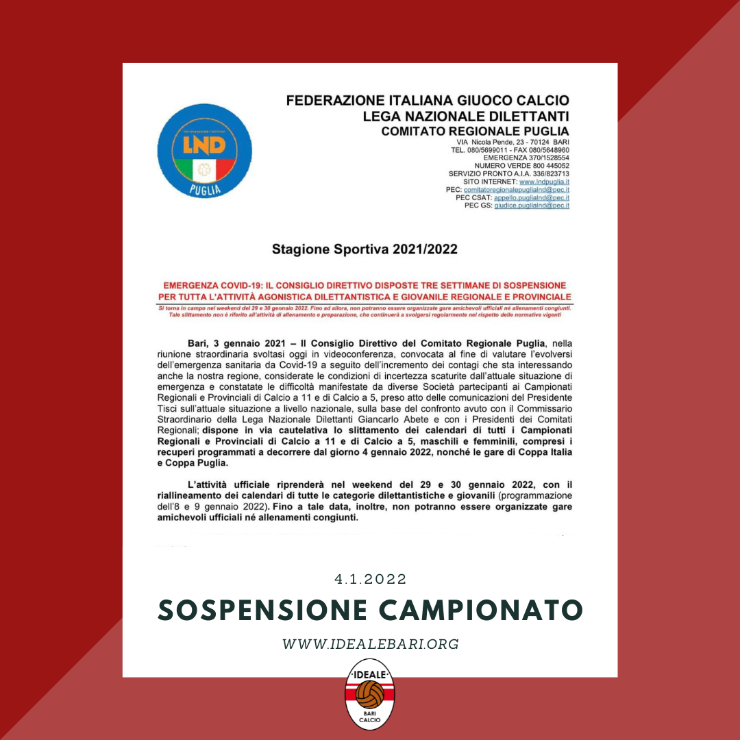 SOSPESI TUTTI I CAMPIONATI DILETTANTISTICI PUGLIESI PER TRE SETTIMANE