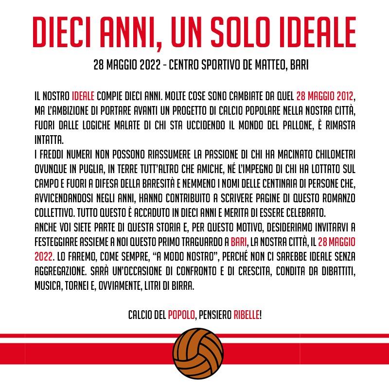 28 MAGGIO 2022, C.S. "DE MATTEO": DIECI ANNI, UN SOLO IDEALE