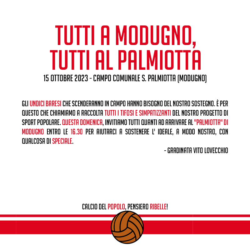 DOMENICA TUTTI AL "PALMIOTTA" DI MODUGNO A TIFARE IDEALE