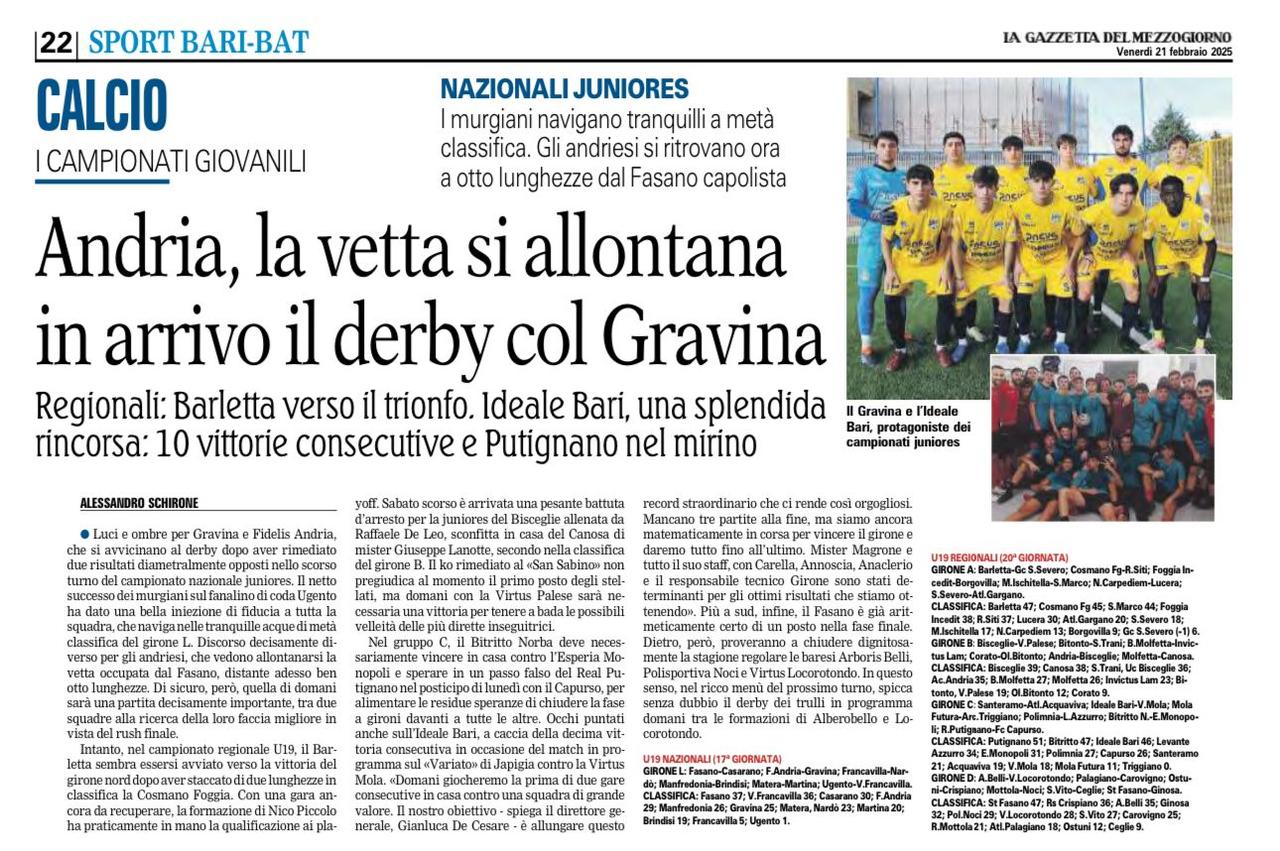 SULLA GAZZETTA DEL MEZZOGIORNO SI PARLA DELL' IDEALE JUNIORES