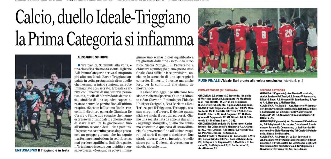 SULLA GAZZETTA DEL MEZZOGIORNO DI OGGI, SI PARLA DELL'IDEALE BARI